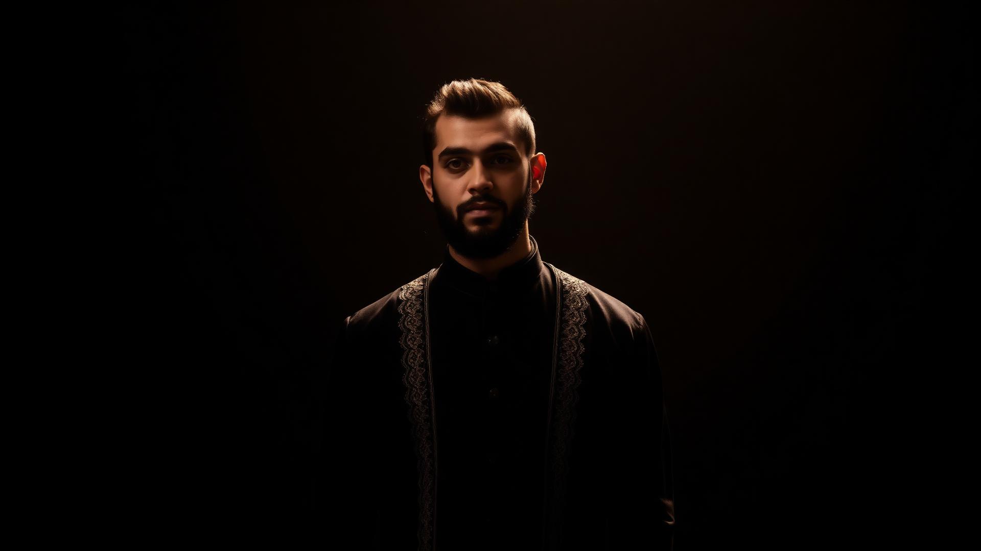 Man in premium black panjabi with golden embroidery
