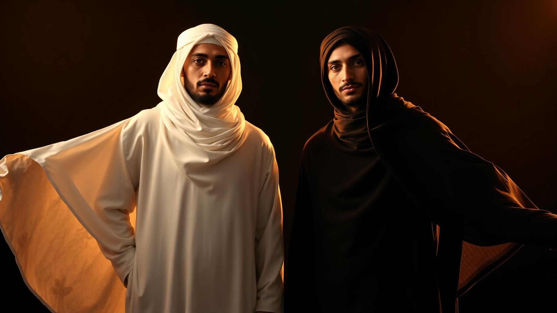 Two men wearing premium thobe and panjabi in golden light