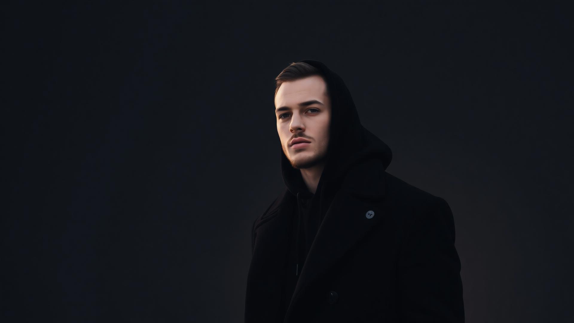 Man in a premium black hoodie and overcoat in moody winter light