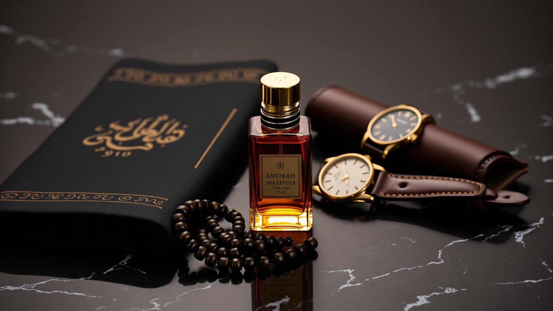 Attar perfume bottle, prayer mat, tasbih beads and watch on marble